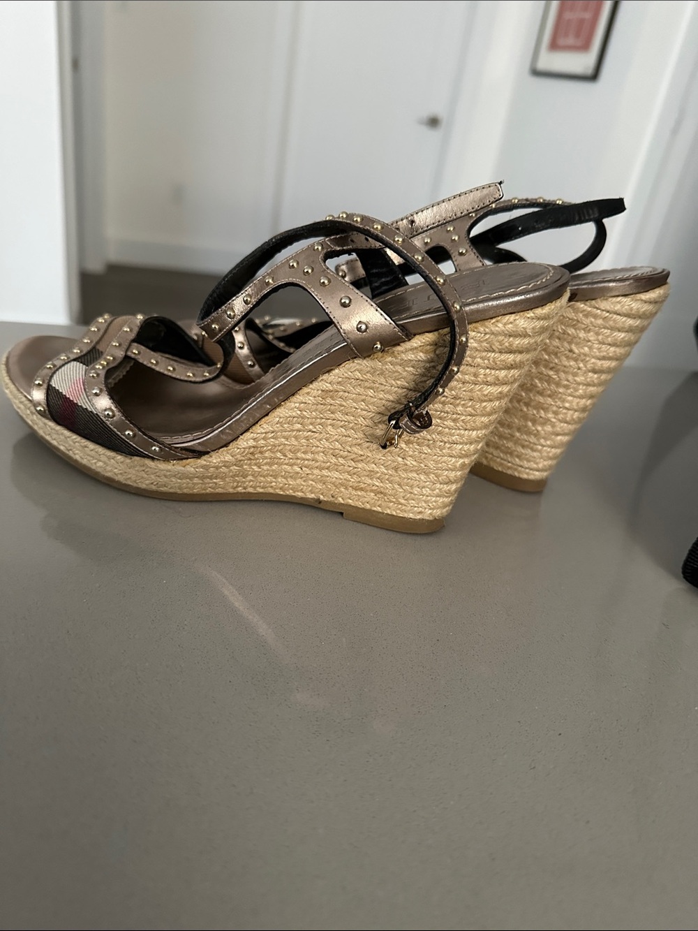 Burberry Metallic Brown Studded Wedge Sandals with Signature Stripe - Picture 5 of 5